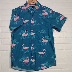 Rugby University men's blue tropical flamingo print Hawaiian short sleeve shirt